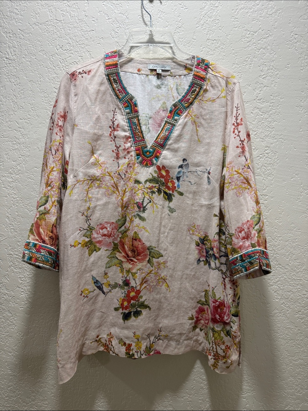 John Mark Floral Tunic Top Medium Boho Beaded Neckline 3/4 Sleeve